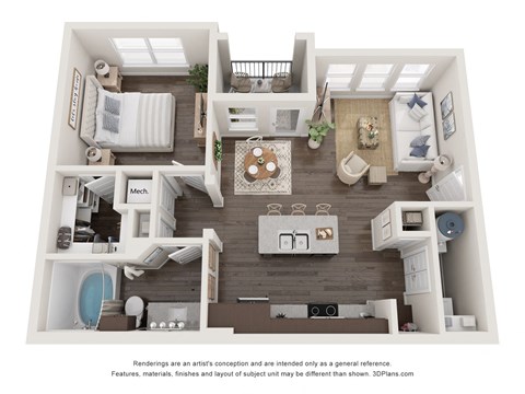 a 1 bedroom floorplan is shown in this rendering